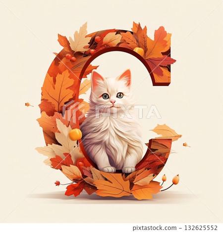 Alphabet letter C with cute cat and autumn leaves. Vector illustration. Alphabet letter C with cute cat and autumn leaves. Vector illustration. 132625552