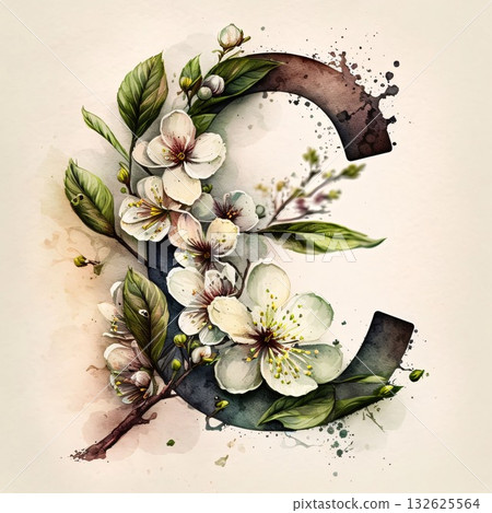 Watercolor illustration of alphabet C with cherry blossom flowers and leaves Watercolor illustration of alphabet C with cherry blossom flowers and leaves 132625564