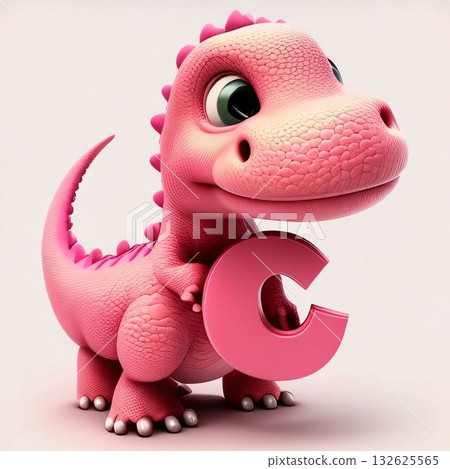 Cute pink dinosaur with letter C. 3d render illustration. Cute pink dinosaur with letter C. 3d render illustration. 132625565