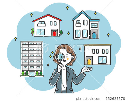 幫忙尋找房屋的女商人（向量圖） 132625578