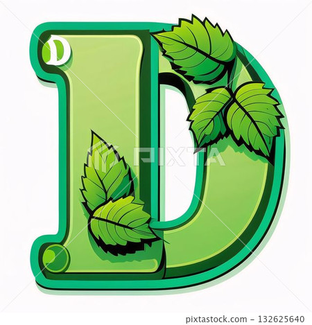 Green eco font with leafs - letter D, 3d render Green eco font with leafs - letter D, 3d render 132625640