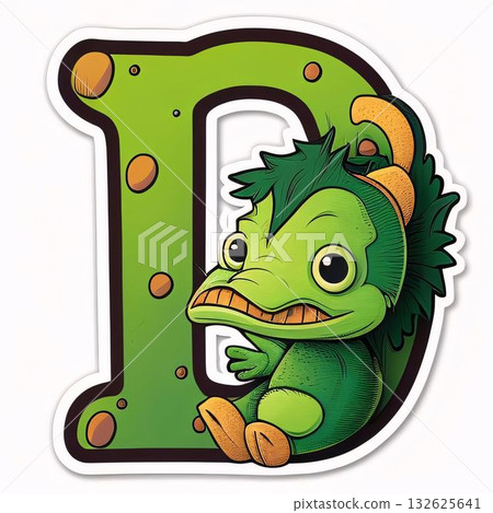 Cute green iguana character with letter D on white background. Cute green iguana character with letter D on white background. 132625641