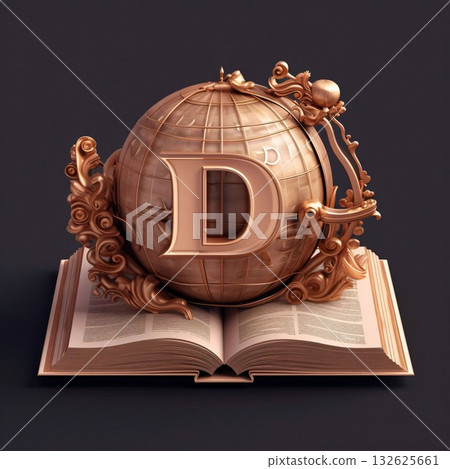 Vintage alphabet on the book. Letter D. 3d render 132625661