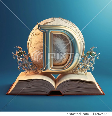 Letter D in the form of an open book with a crystal sphere. 3d render Letter D in the form of an open book with a crystal sphere. 3d render 132625662