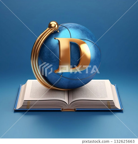 Letter D in globe and open book on blue background. 3d illustration Letter D in globe and open book on blue background. 3d illustration 132625663