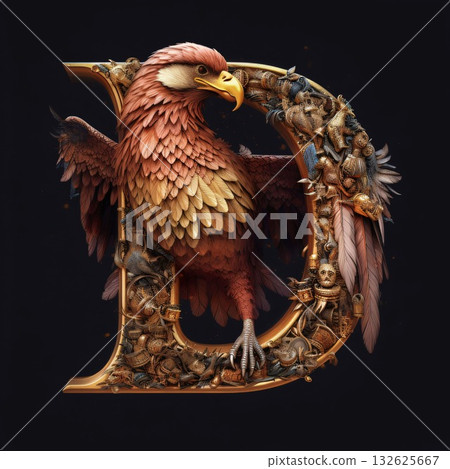 Golden eagle on a black background. 3D illustration. 3D rendering. letter D Golden eagle on a black background. 3D illustration. 3D rendering. letter D 132625667