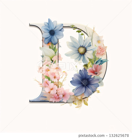 Floral alphabet. Letter D with watercolor flowers. Floral font. Floral alphabet. Letter D with watercolor flowers. Floral font. 132625678