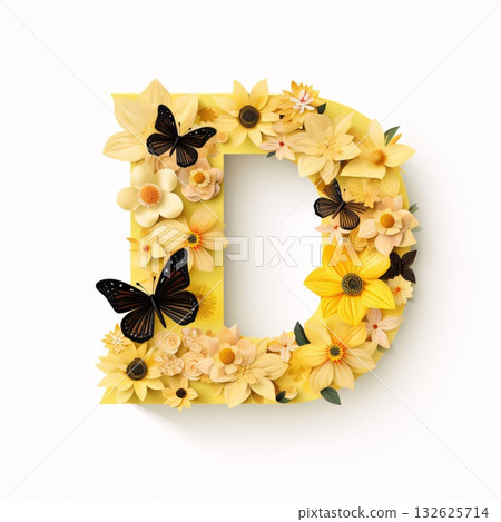 Letter D made of yellow paper flowers and butterflies isolated on white background Letter D made of yellow paper flowers and butterflies isolated on white background 132625714