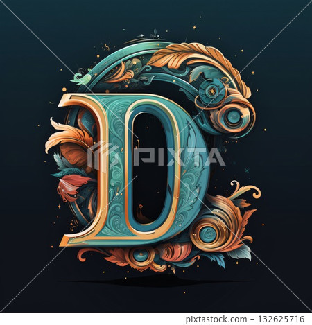 Luxury capital letter D with floral ornament. Vector illustration. 132625716