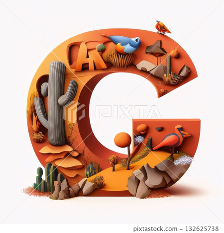 Letter C with cactus, birds and mountains. 3d rendering 132625738