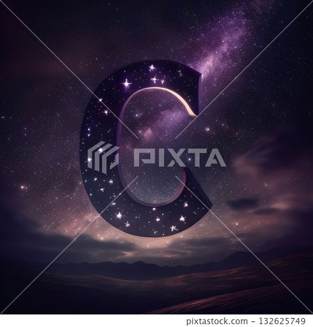 Letter C of the alphabet. Night sky with stars and comets. 132625749
