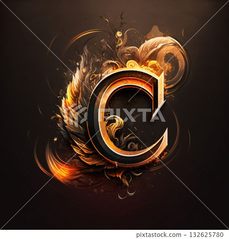Burning letter c on a black background with fire flames. Vector illustration. 132625780