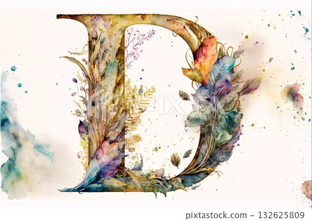 Beautiful watercolor alphabet with flowers and leaves. Letter D. 132625809
