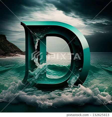 Letter D in the ocean under cloudy sky. 3D illustration. Letter D in the ocean under cloudy sky. 3D illustration. 132625813