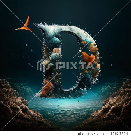 Letter D underwater with coral reef and sea waves. 3D rendering Letter D underwater with coral reef and sea waves. 3D rendering 132625814