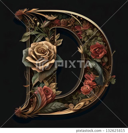 Luxury floral capital letter D with flowers in vintage style. Luxury floral capital letter D with flowers in vintage style. 132625815