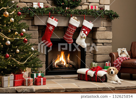 Christmas stockings above a stone fireplace Christmas stockings above a stone fireplace 132625854