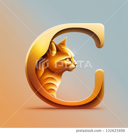 Gold letter C with a cat inside. Vector illustration for your design. Gold letter C with a cat inside. Vector illustration for your design. 132625898