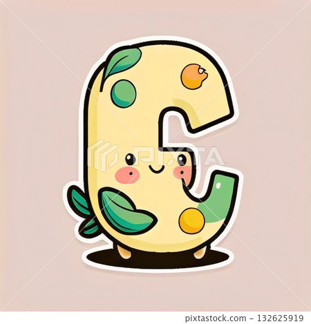Cute cartoon character letter C with green leaves. Vector illustration. Cute cartoon character letter C with green leaves. Vector illustration. 132625919