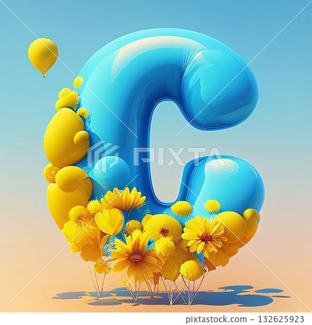 3D illustration of the letter C in the form of balloons and flowers 132625923