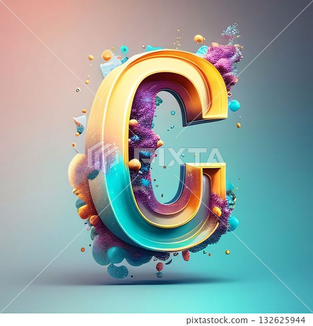 Colorful 3D letter C uppercase. 3D render font with colorful drops and bubbles isolated on blue background. Colorful 3D letter C uppercase. 3D render font with colorful drops and bubbles isolated on blue background. 132625944