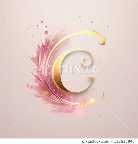 Vector illustration of golden letter C on a pink watercolor splash background. Vector illustration of golden letter C on a pink watercolor splash background. 132625945