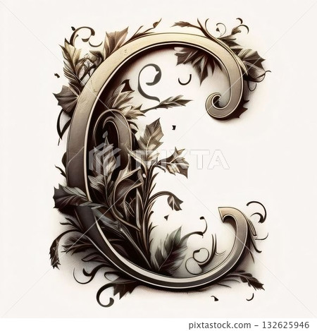 Vintage capital letter C with floral ornament. Calligraphic design elements. 132625946