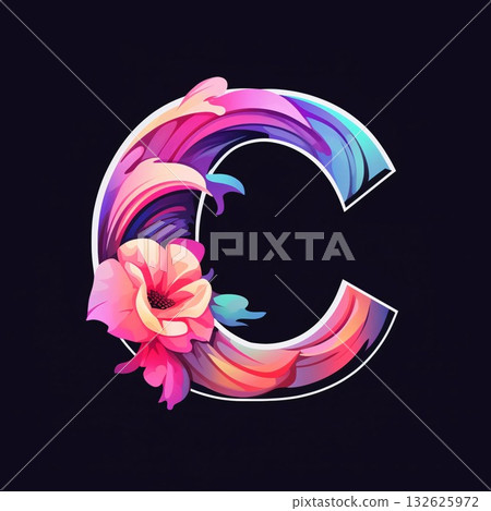 C letter with pink flowers. Vector illustration. Isolated on black background. C letter with pink flowers. Vector illustration. Isolated on black background. 132625972