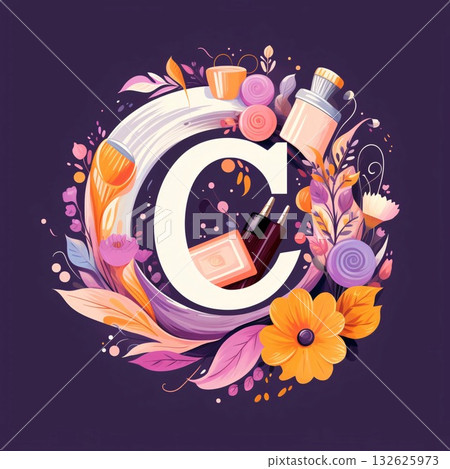 Alphabet letter C with cosmetic products and flowers. Vector illustration. Alphabet letter C with cosmetic products and flowers. Vector illustration. 132625973