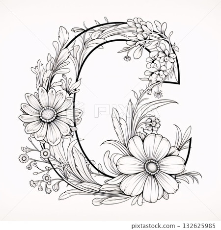 Floral capital letter C. Monochrome hand drawn flower alphabet. 132625985