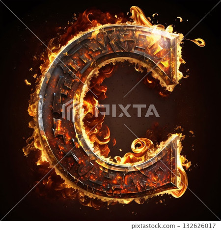 Burning letter C in the form of a metal shield on a dark background 132626017