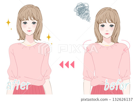 年輕女性上身粉嫩的姿勢改善前後對比 132626137