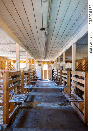 Empty cozy barn for breeding dairy cows. Modern and eco-friendly wooden structure. Vertical photo Empty cozy barn for breeding dairy cows. Modern and eco-friendly wooden structure. Vertical photo 132626383