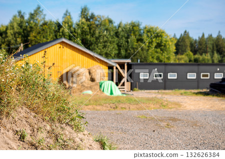 Barnyard on summer day. Modern, eco-friendly barns for cows and sheep, and hay storage sheds. High quality photo Barnyard on summer day. Modern, eco-friendly barns for cows and sheep, and hay storage sheds. High quality photo 132626384