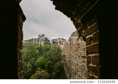 Aerial view of Simatai section of Great Wall of China in its original, un-restored state. Watchtowers perched on mountain peaks, Beijing, China. High quality photo Aerial view of Simatai section of Great Wall of China in its original, un-restored state. Watchtowers perched on mountain peaks, Beijing, China. High quality photo 132626449