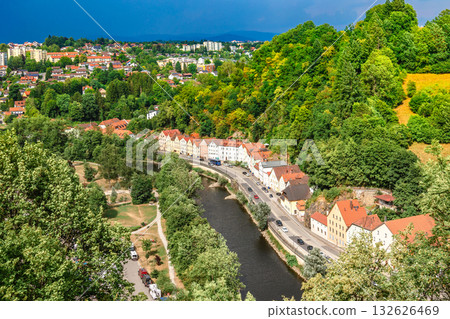 Panoramic view of Passau. Aerial skyline of old town from Veste Oberhaus castle . Confluence of three rivers Danube, Inn, Ilz, Bavaria, Germany. 132626469