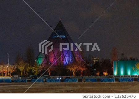 Modern architectural urbanistic city Astana. Futuristic buildings, pyramids of night city, Nur-Sultan, Astana, Kazakhstan. High quality photo Modern architectural urbanistic city Astana. Futuristic buildings, pyramids of night city, Nur-Sultan, Astana, Kazakhstan. High quality photo 132626470