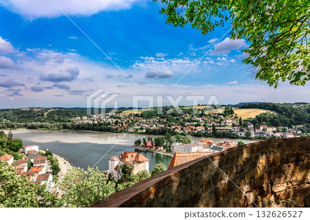 Panoramic view of Passau. Aerial skyline of old town from Veste Oberhaus castle . Confluence of three rivers Danube, Inn, Ilz, Bavaria, Germany. 132626527