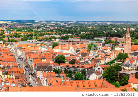 Panoramic view, aerial skyline of Landshut in Bavaria. Saint Martin cathedral, Martinskirch in old town and cathedrals, architecture, roofs of houses, streets landscape, Landshut, Germany. Panoramic view, aerial skyline of Landshut in Bavaria. Saint Martin cathedral, Martinskirch in old town and cathedrals, architecture, roofs of houses, streets landscape, Landshut, Germany. 132626531
