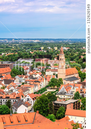 Panoramic view, aerial skyline of Landshut in Bavaria. Saint Martin cathedral, Martinskirch in old town and cathedrals, architecture, roofs of houses, streets landscape, Landshut, Germany. Vertical 132626549