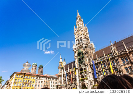 Panoramic view of Marienplatz town hall of Marien Square in Munich, Bavaria, Germany. Panoramic view of Marienplatz town hall of Marien Square in Munich, Bavaria, Germany. 132626558