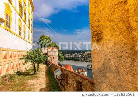 Panoramic view of Passau. Aerial skyline of old town from Veste Oberhaus castle . Confluence of three rivers Danube, Inn, Ilz, Bavaria, Germany. Panoramic view of Passau. Aerial skyline of old town from Veste Oberhaus castle . Confluence of three rivers Danube, Inn, Ilz, Bavaria, Germany. 132626561