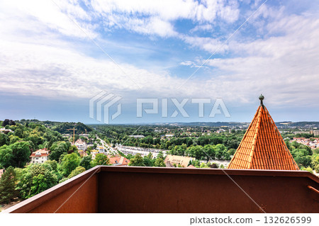 Panoramic view of Landshut from Trausnitz castle. Old town and cathedrals, architecture, roofs of houses, streets landscape, Landshut, Germany. High quality photo 132626599