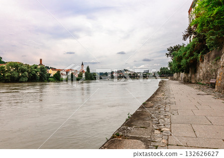 Panoramic view on promenade and river Inn, Passau, Lower Bavaria, Germany . High quality photo Panoramic view on promenade and river Inn, Passau, Lower Bavaria, Germany . High quality photo 132626627