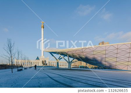Panoramic view of Monument Kazakh people and Peace Wall on sunny winter day. Cityscape of Independence Square in city Astana, Nur-Sultan, Kazakhstan. High quality photo Panoramic view of Monument Kazakh people and Peace Wall on sunny winter day. Cityscape of Independence Square in city Astana, Nur-Sultan, Kazakhstan. High quality photo 132626635