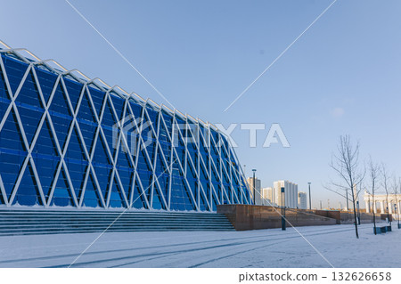 Modern architectural urbanistic city Astana. Panoramic view of futuristic buildings in sunny winter day, Nur-Sultan, Astana, Kazakhstan. High quality photo 132626658
