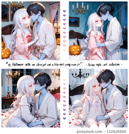 與殭屍愛好者共度良宵。白化病女孩與藍眼睛青年的萬聖節。一套4張漫畫風格的AI插畫。 與殭屍愛好者共度良宵。白化病女孩與藍眼睛青年的萬聖節。一套4張漫畫風格的AI插畫。 132626809