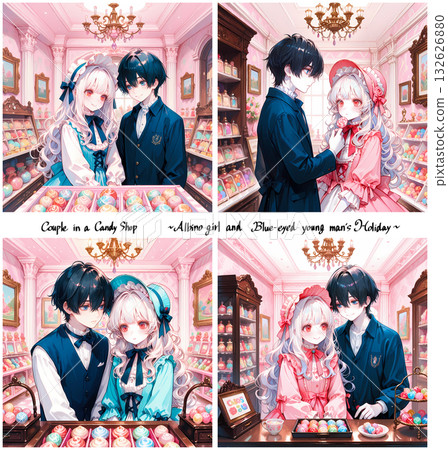 一對情侶在糖果店購物。一位白化病女孩和一位藍眼睛的年輕男子正在度假。一套4張漫畫風格的AI插畫。 132626880