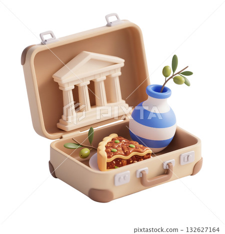 3D icon of Greek-themed suitcase with ancient temple, olive branch, blue and white vase, and slice of traditional pie isolated on white background 132627164