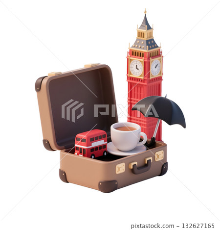 London 3D icon with brown suitcase, Big Ben, red double-decker bus, black umbrella, cup of tea, isolated on white 132627165